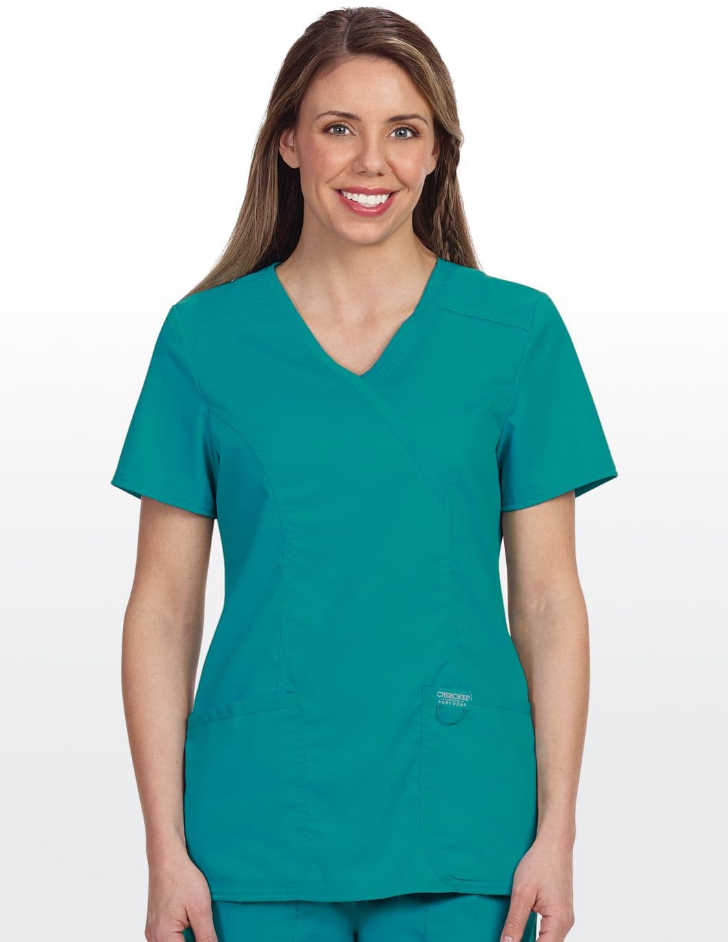 cherokee-revolution-womens-mock-wrap-scrub-top-teal